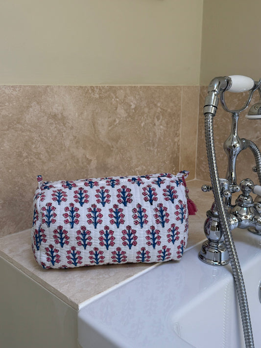 'Blue and Pink Trees' Block Printed Sponge Bag/Washbag