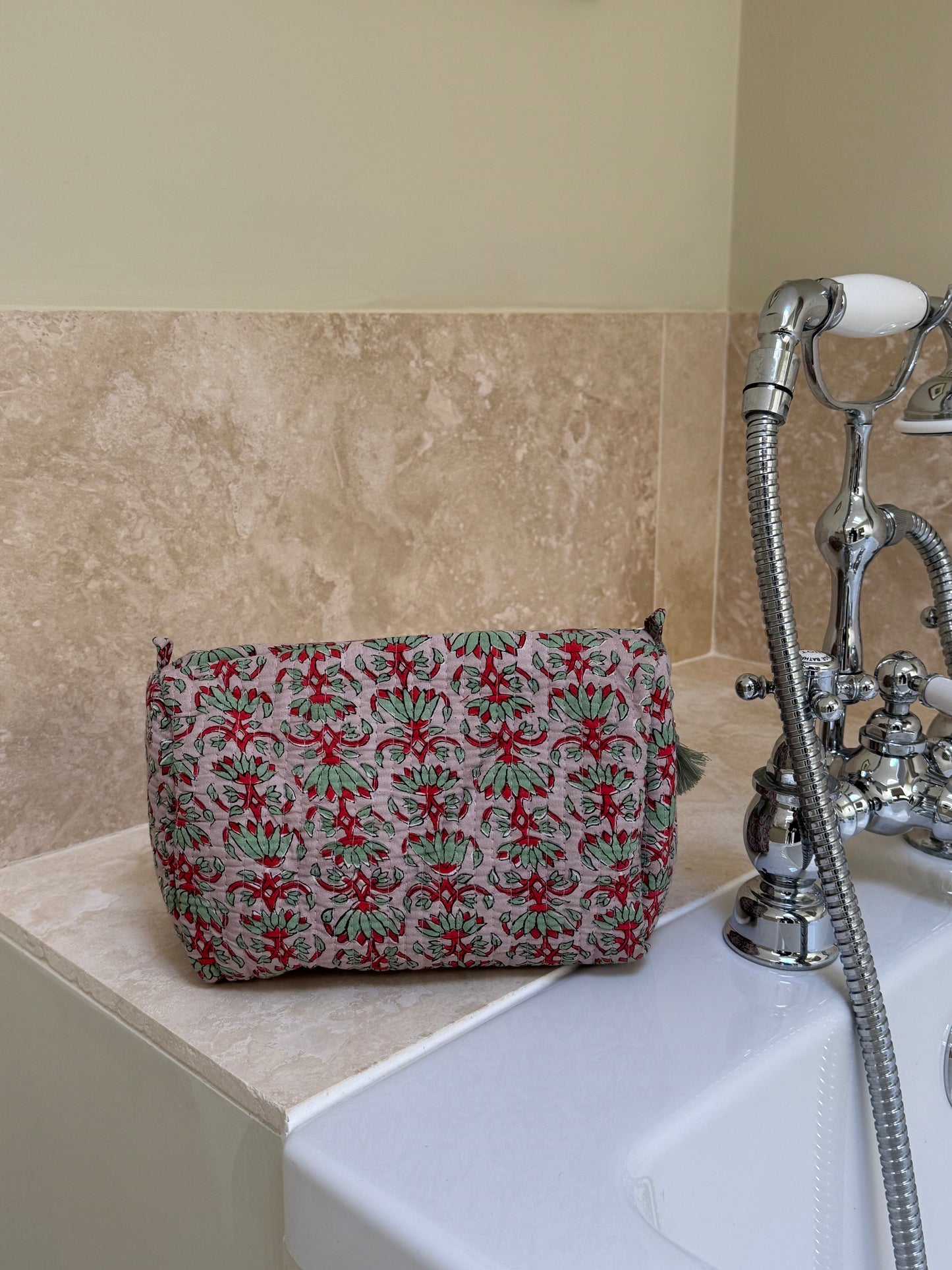 'Red and Mocha' Block Printed Sponge Bag/Washbag