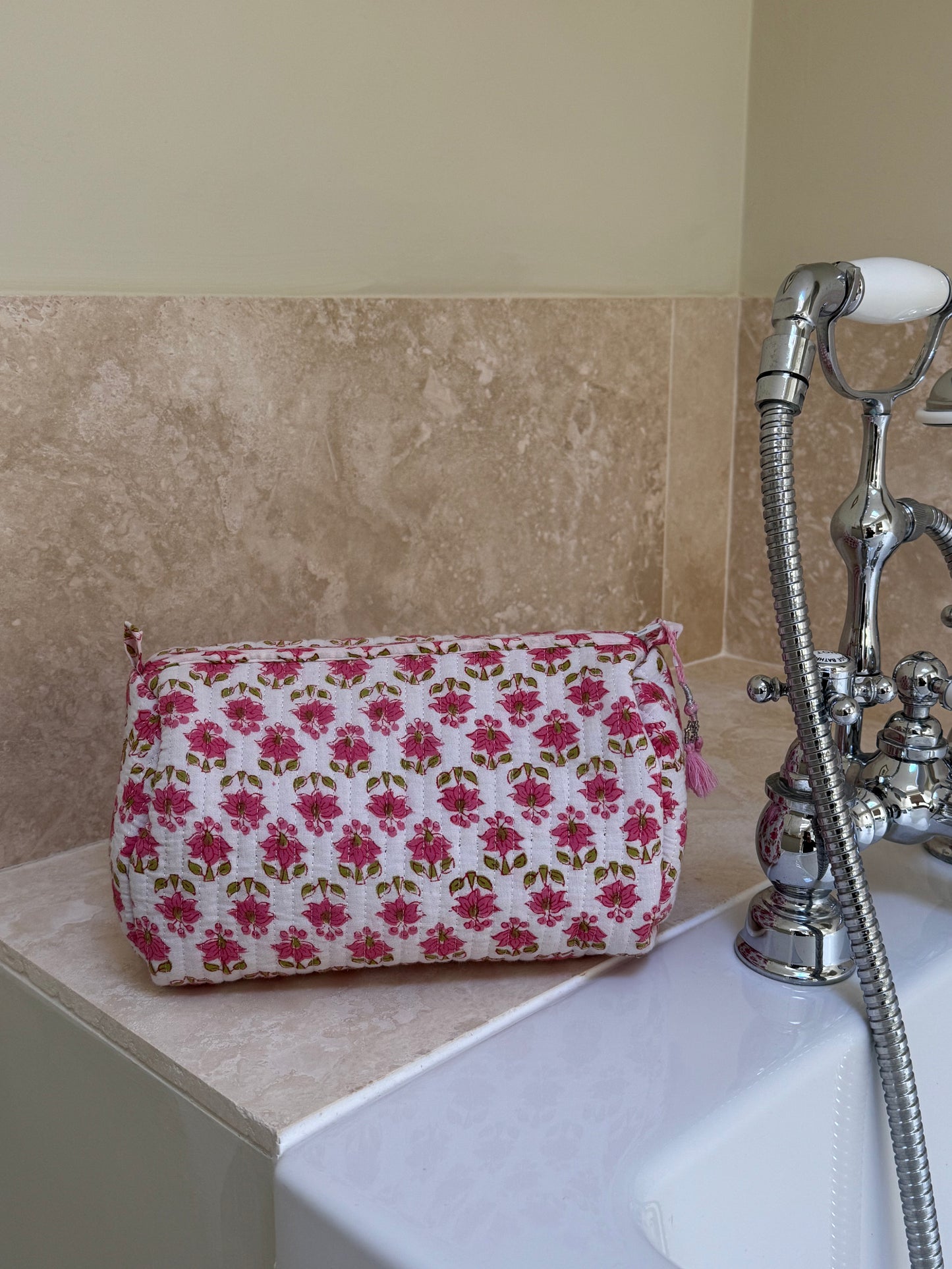 'Pink Tree & Leaves' Block Printed Sponge Bag/Washbag