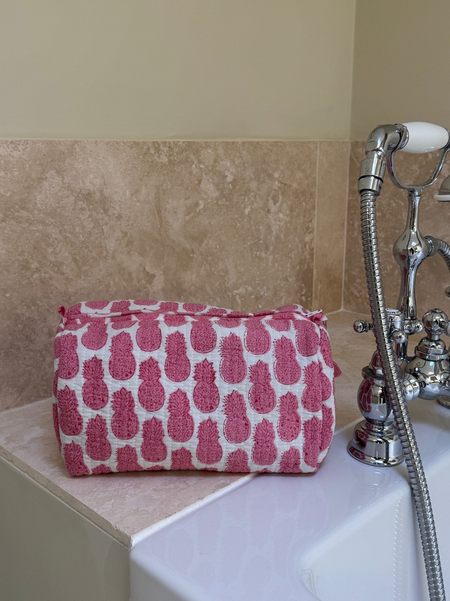 'Pink Pineapple' Block Printed Sponge Bag/Washbag