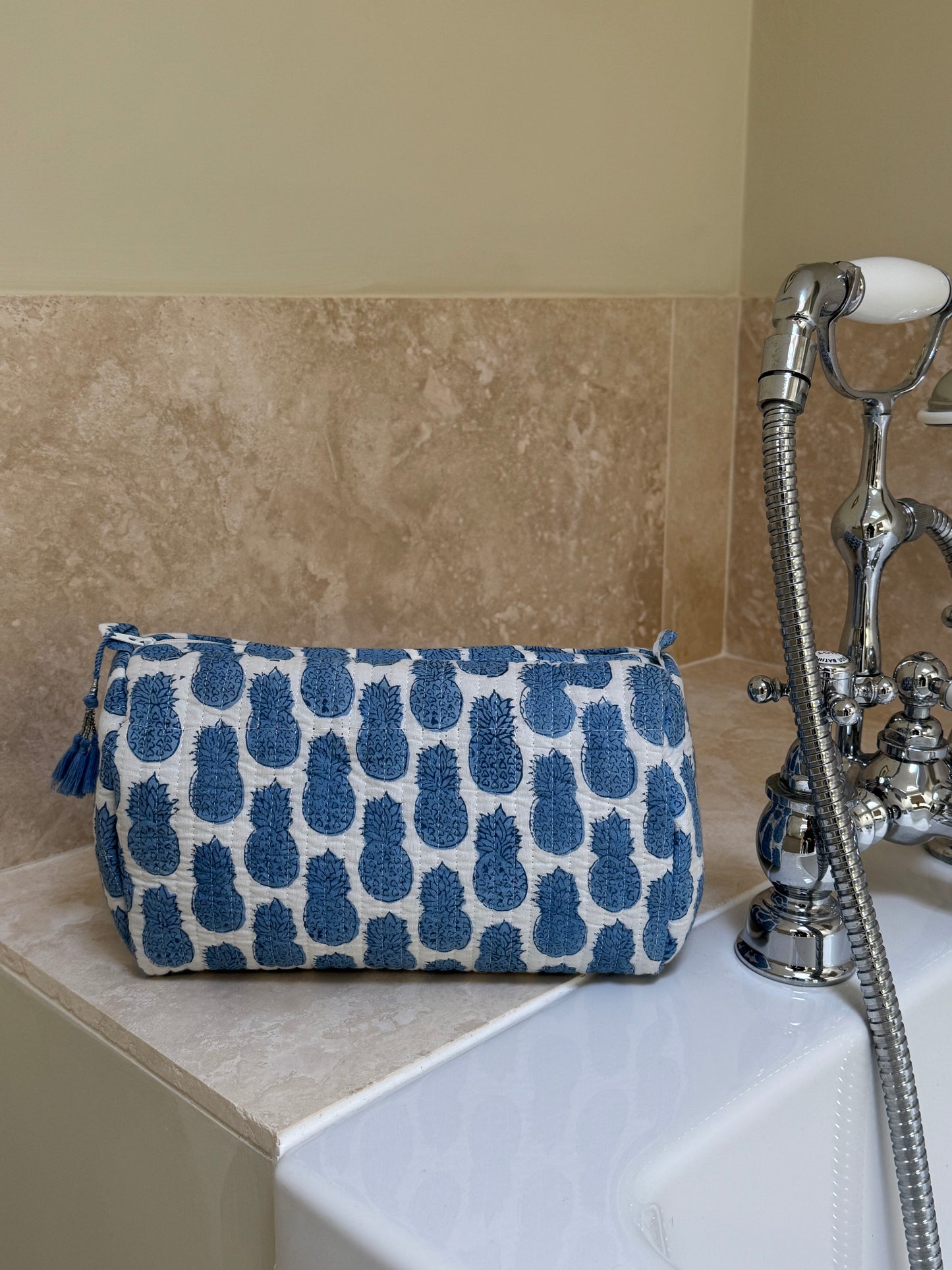 'Blue Pineapple' Block Printed Sponge Bag/Washbag