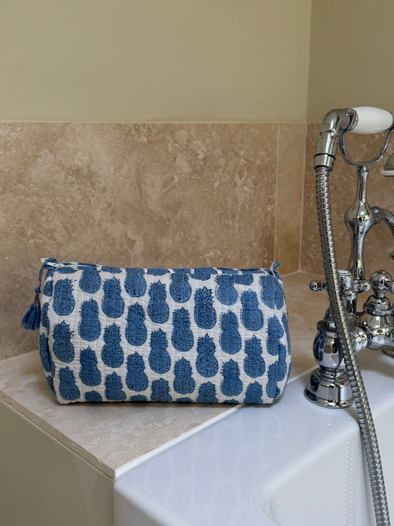 'Blue Pineapple' Block Printed Sponge Bag/Washbag
