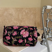'Black and Pink Floral' Block Printed Sponge Bag/Washbag