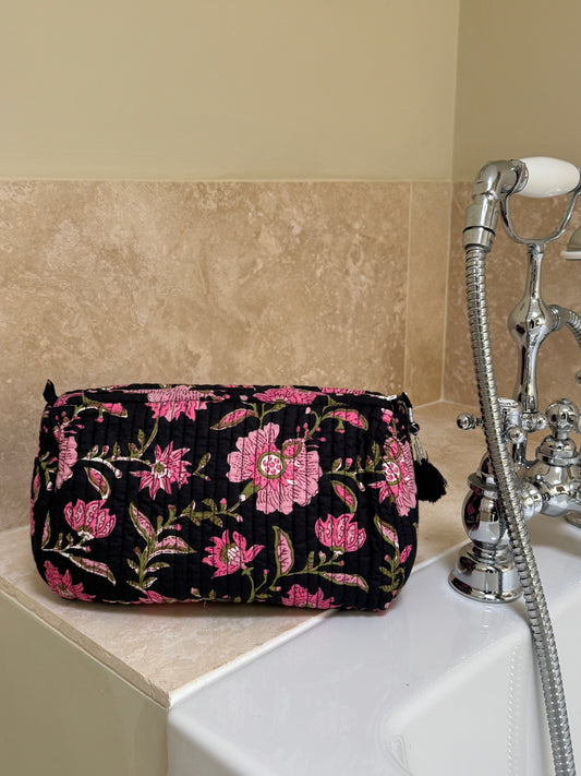 'Black and Pink Floral' Block Printed Sponge Bag/Washbag