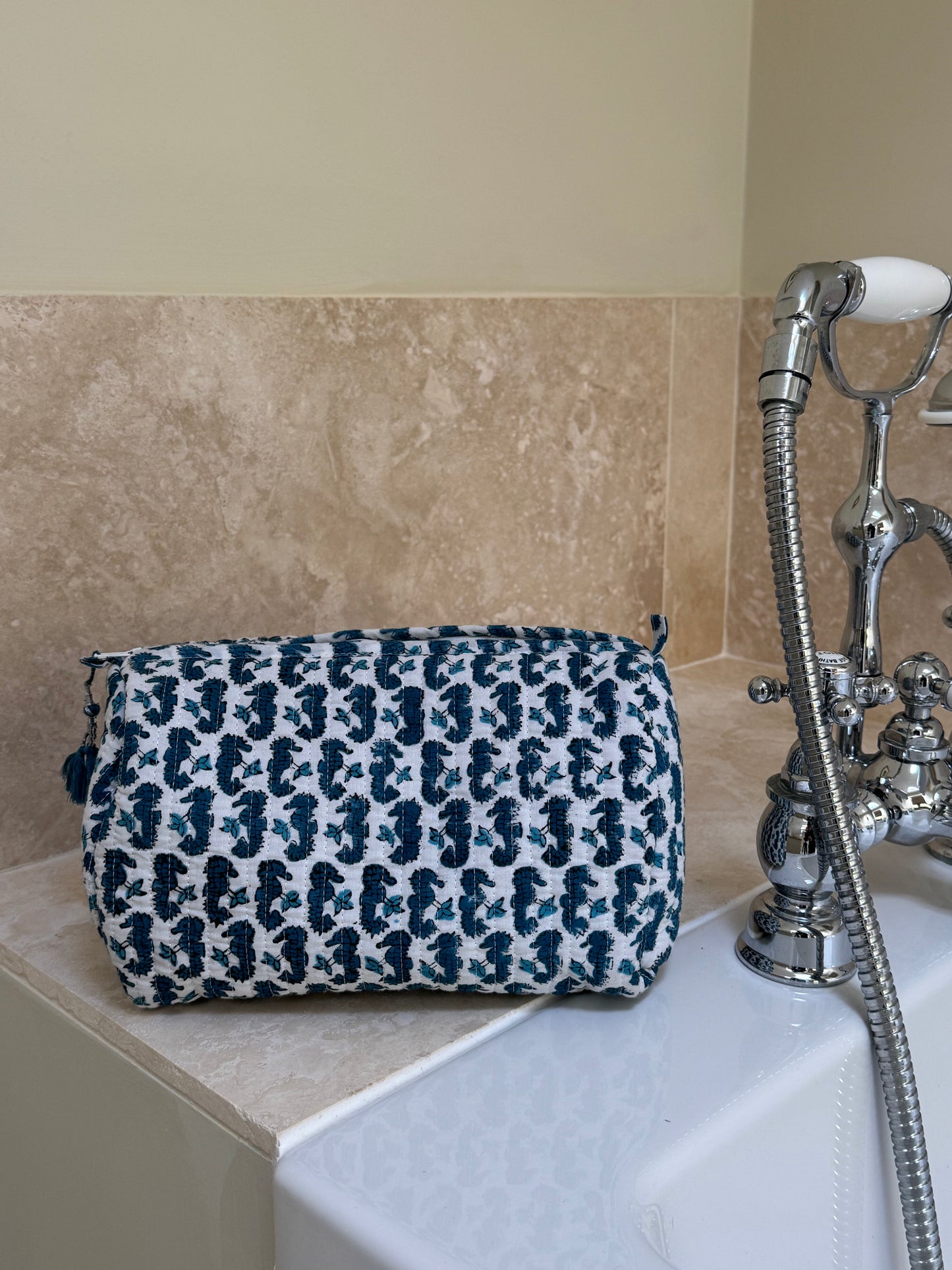'Blue Seahorse' Block Printed Sponge Bag/Washbag
