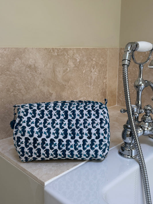 'Blue Seahorse' Block Printed Sponge Bag/Washbag