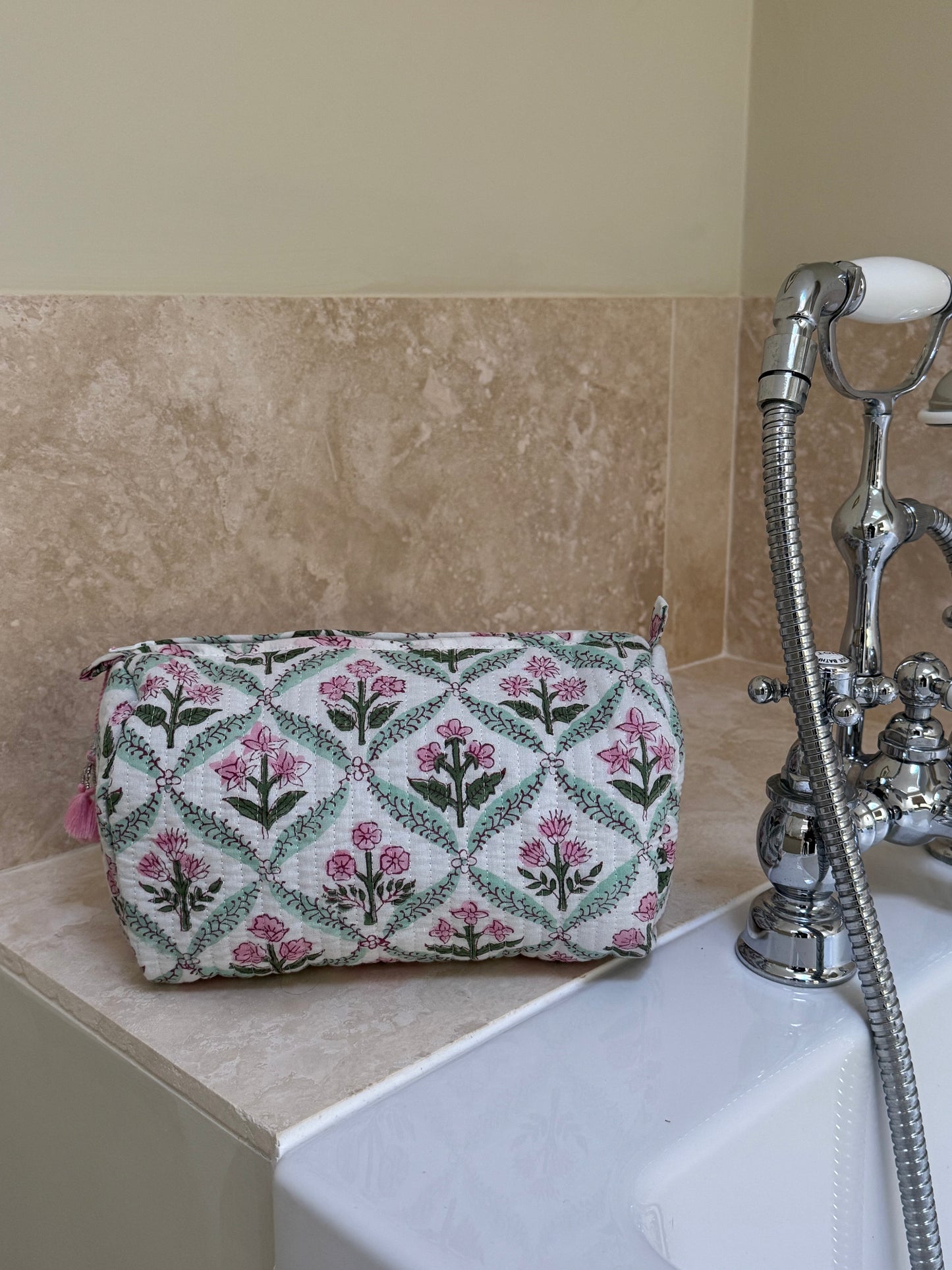 'Green Trellis' Block Printed Sponge Bag/Washbag