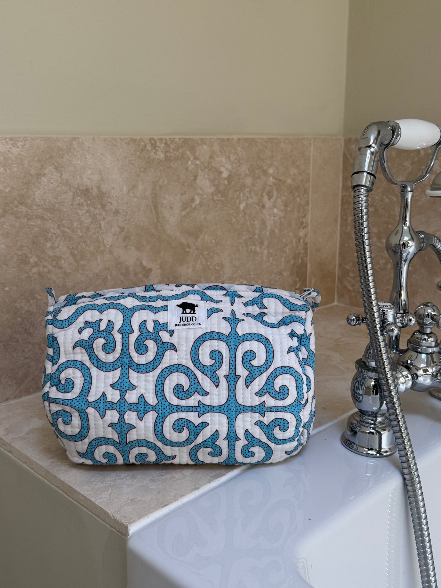 'Blue Filigree' Block Printed Sponge Bag/Washbag