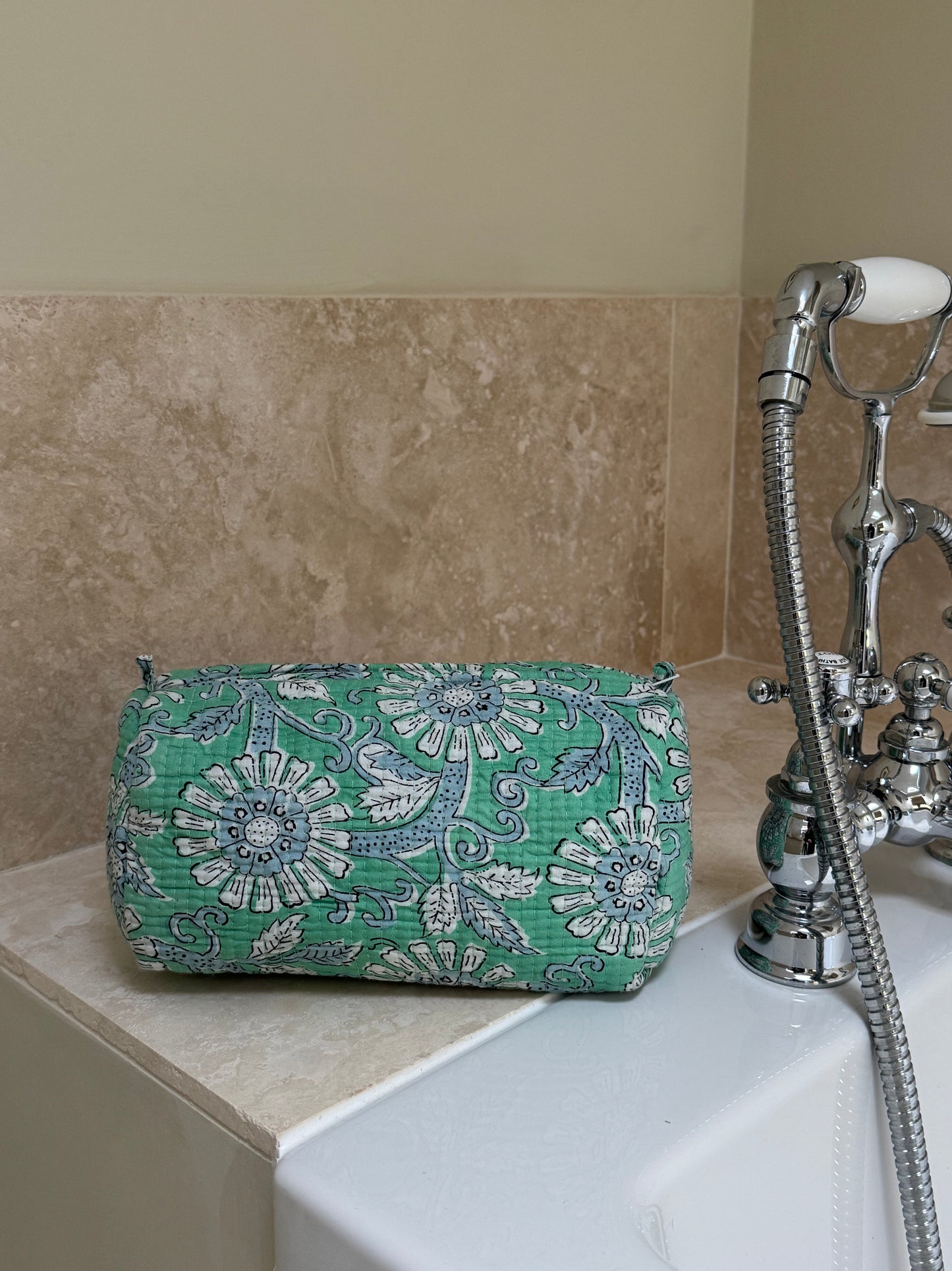 'Green Floral' Block Printed Sponge Bag/Washbag