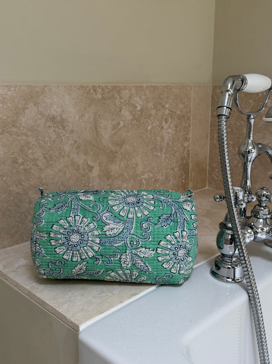 'Green Floral' Block Printed Sponge Bag/Washbag
