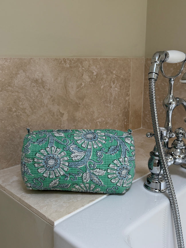 'Green Floral' Block Printed Sponge Bag/Washbag