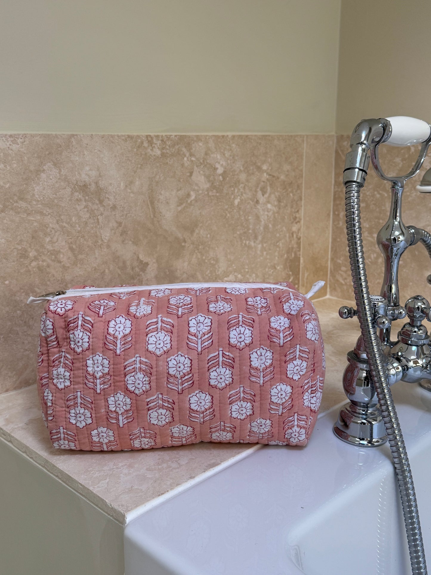 'Dusky Pink Flower' Block Printed Sponge Bag/Washbag