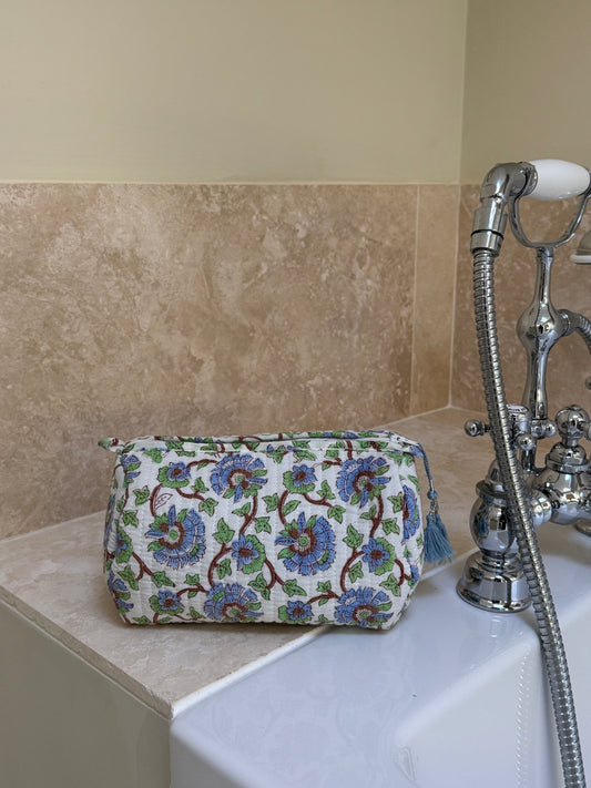 'Blue and Green Foliage' Block Printed Sponge Bag/Washbag