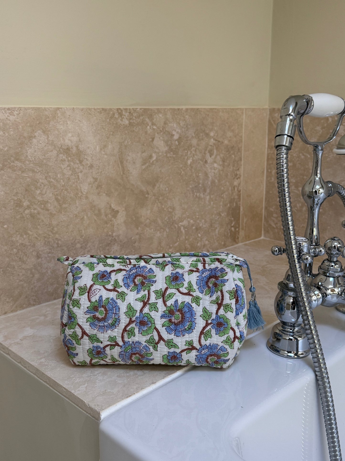 'Blue and Green Creeper' Block Printed Sponge Bag/Washbag