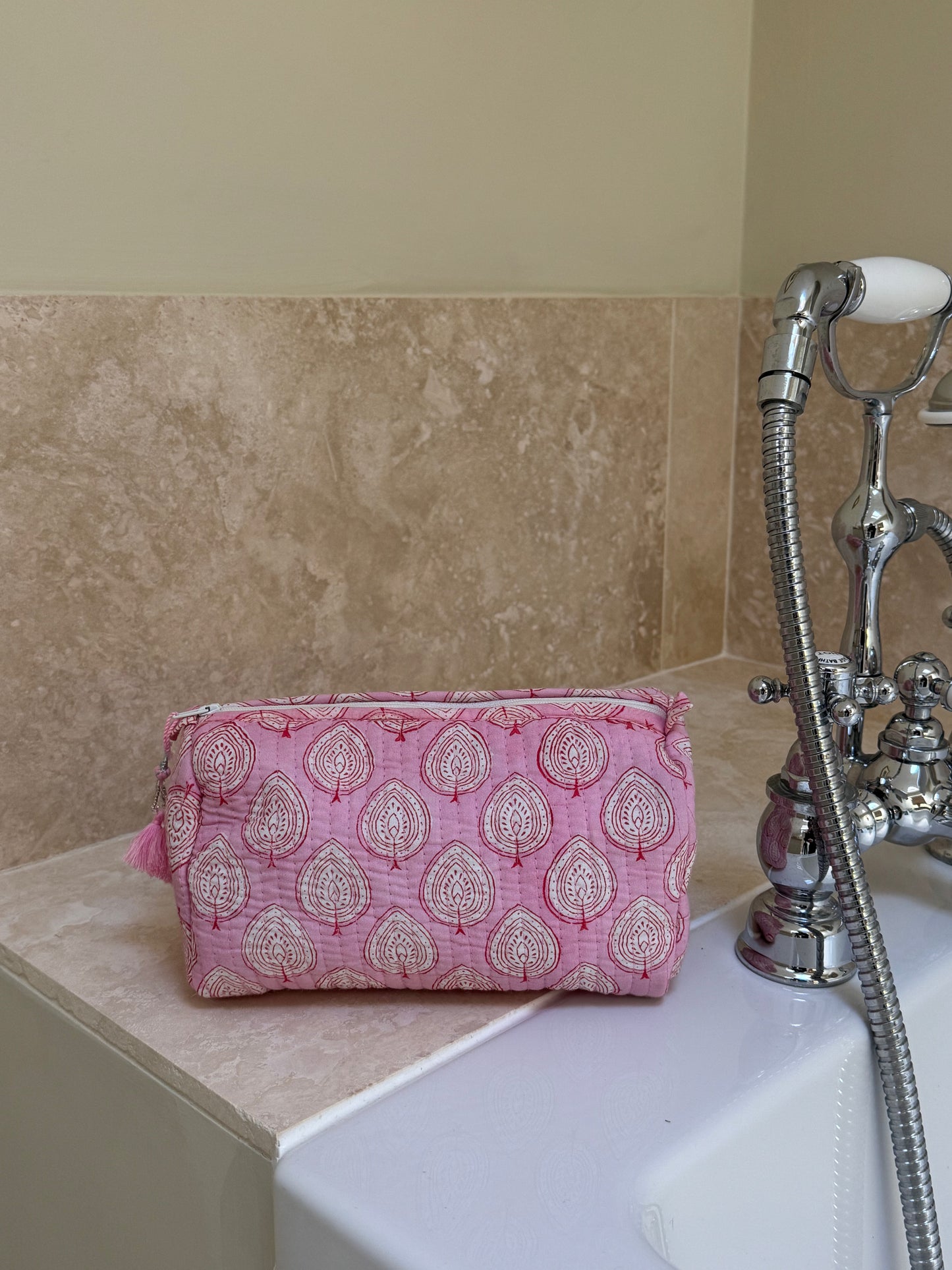 'Pink Leaf' Block Printed Sponge Bag/Washbag