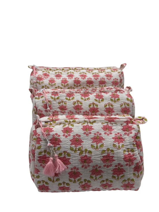 'Pink Tree & Leaves' Block Printed Sponge Bag/Washbag