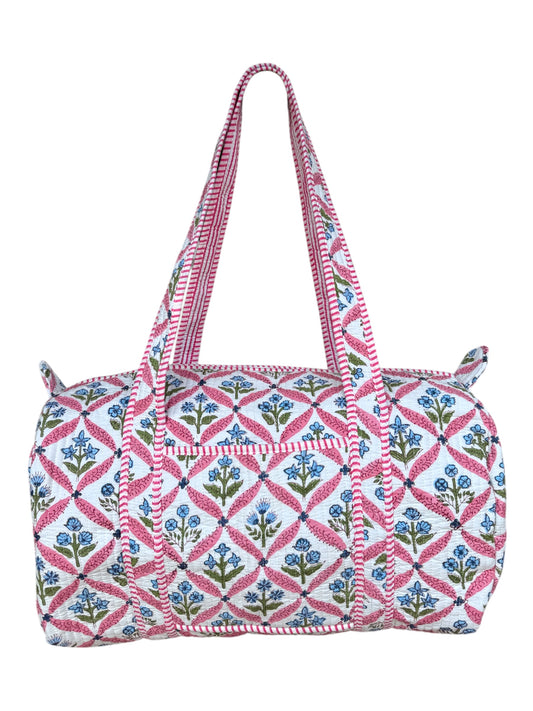 'Pink Trellis' Block Print Overnight Bag