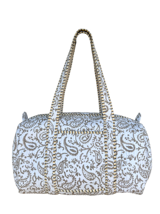 'Beige Trellis' Block Print Overnight Bag
