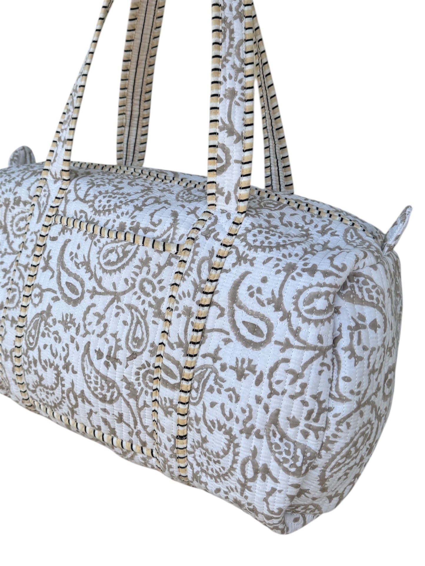 'Beige Trellis' Block Print Overnight Bag