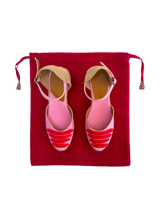 Pink Ribbed Velvet Drawstring Bag