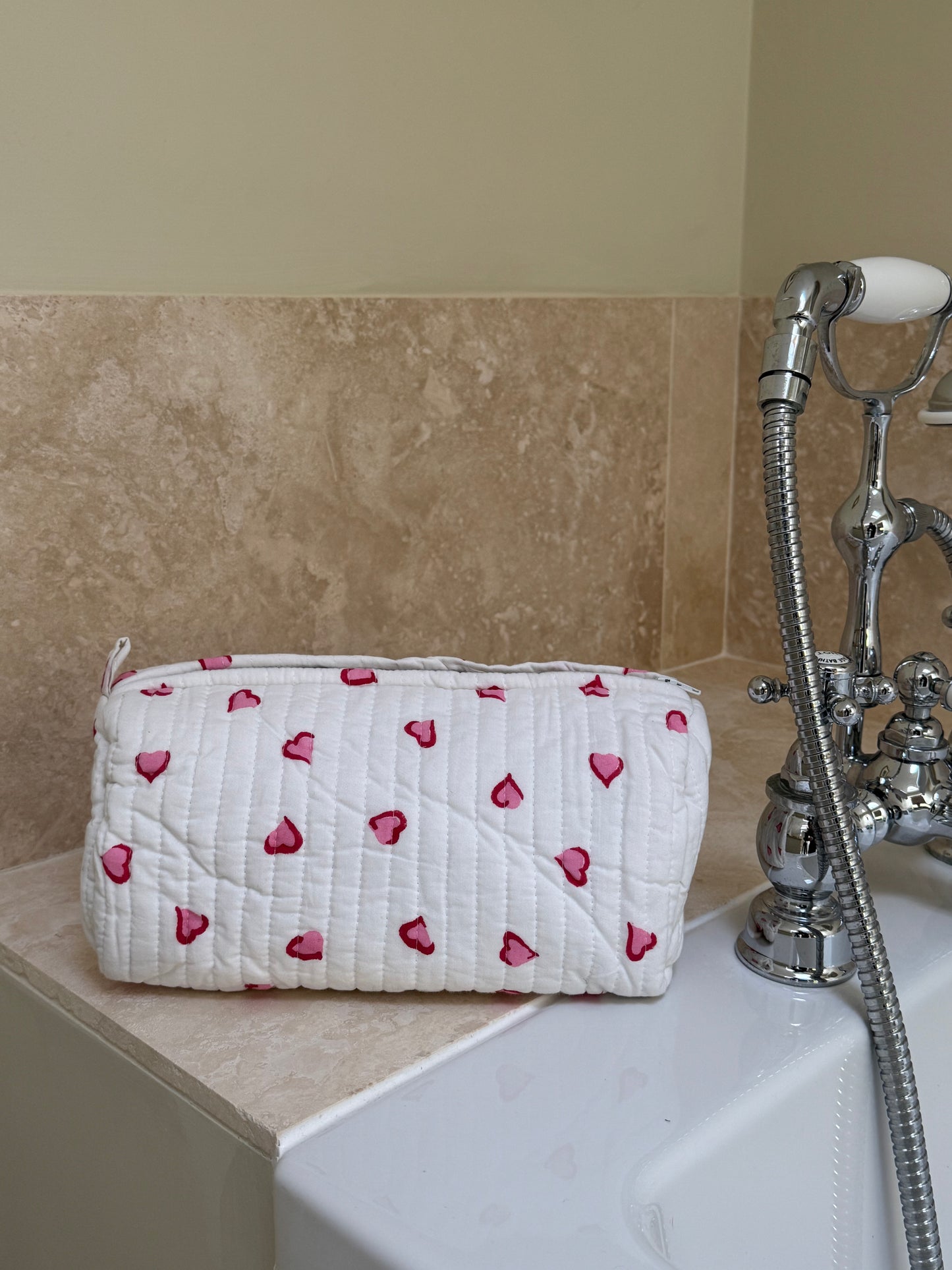 'Red & Pink Hearts' Block Printed Sponge Bag/Washbag