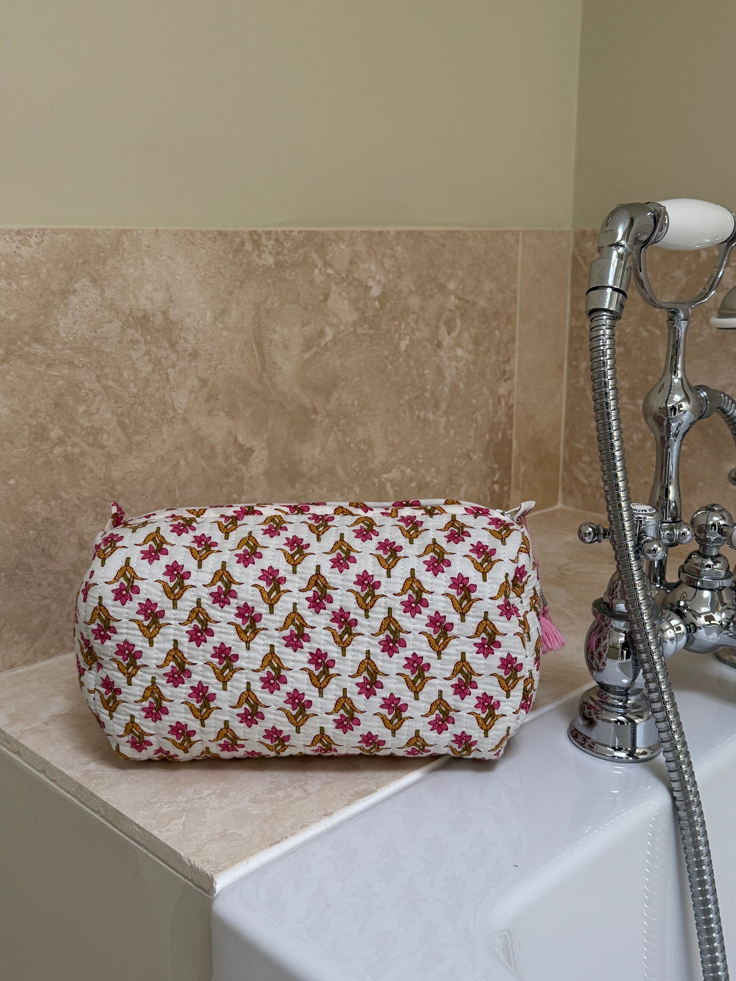 'Ochre & Pink Trees' Block Printed Sponge Bag/Washbag