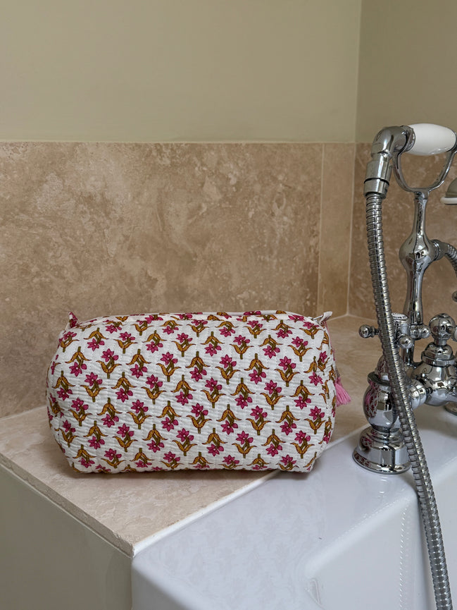 'Ochre & Pink Trees' Block Printed Sponge Bag/Washbag