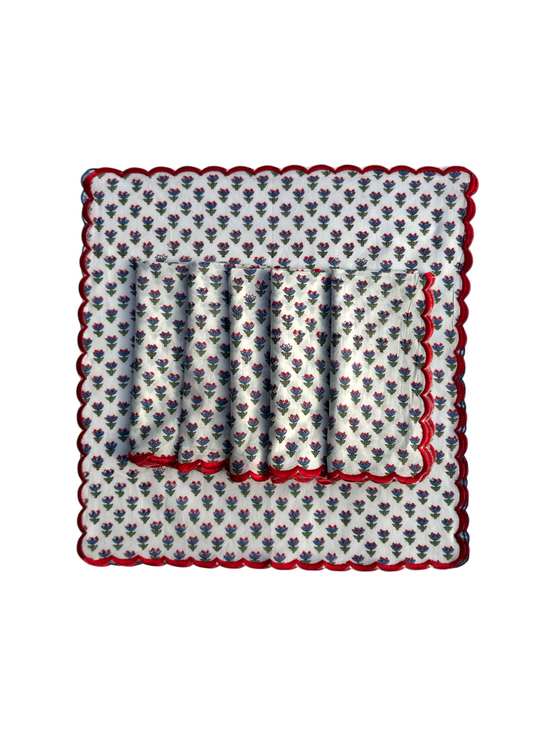 Red Scalloped Provencal Shrub Block Print Napkins (Set of 6)