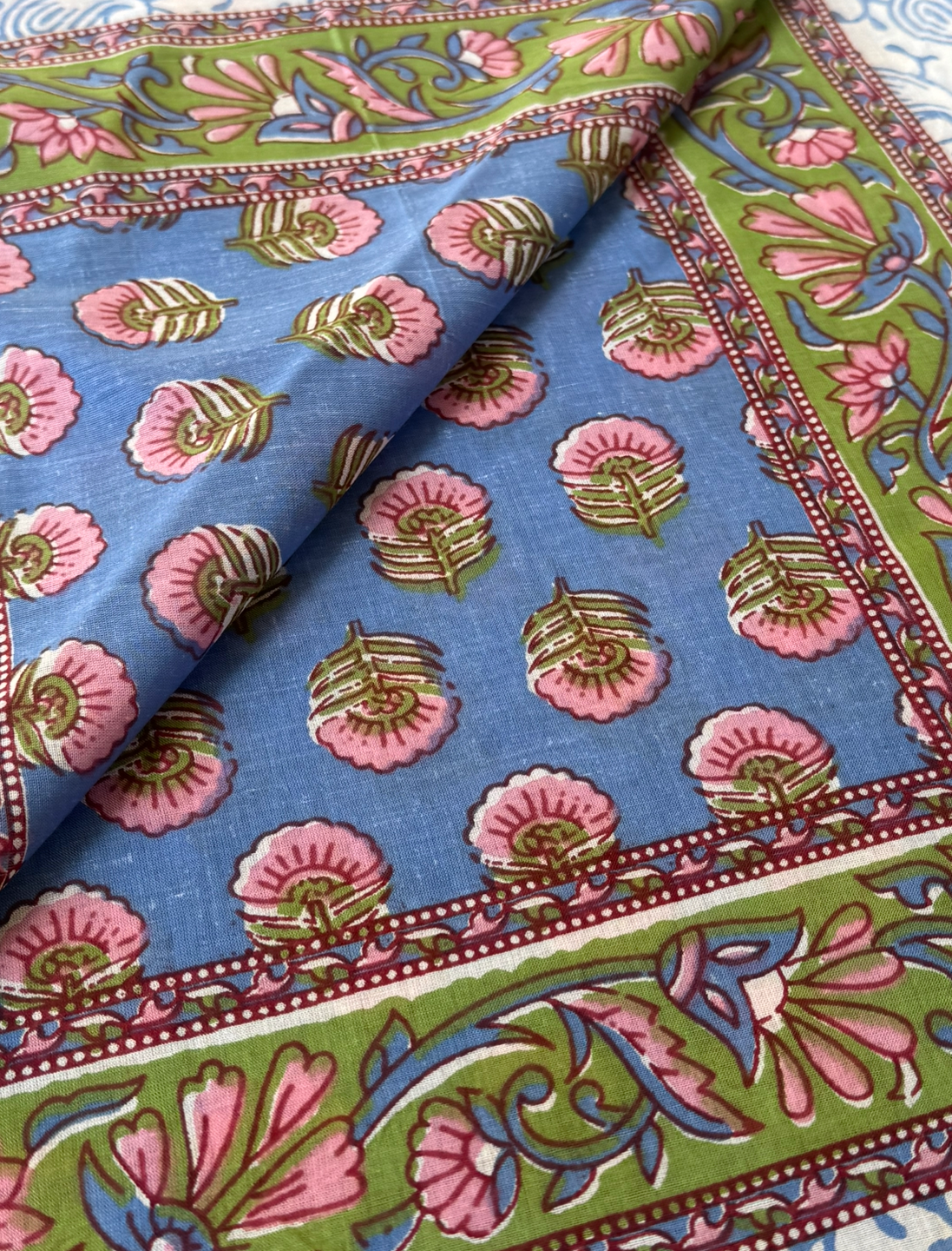 'Blue & Pink Flower' Hand Block Printed Sarong