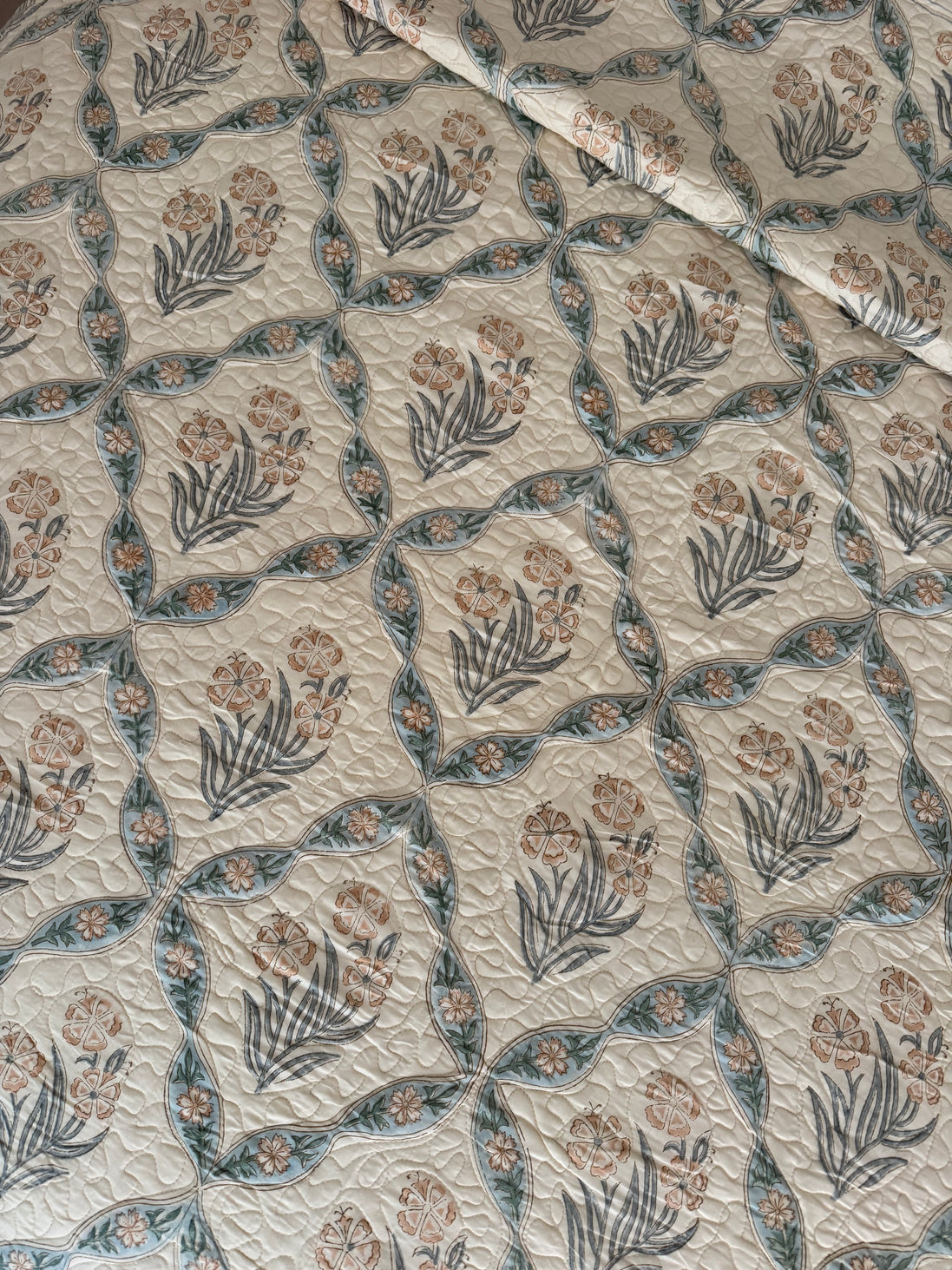 Antiqued Blue & Ochre Shield Bedspread/Quilt
