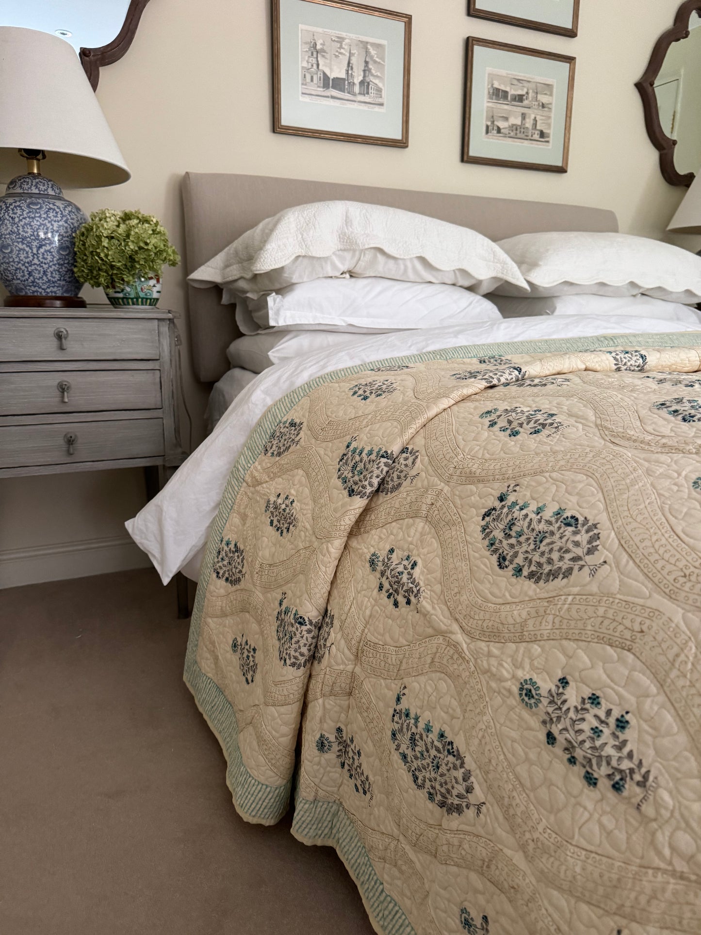 Hand block-printed king size bedspread in antiqued blue shrub print, 100% cotton