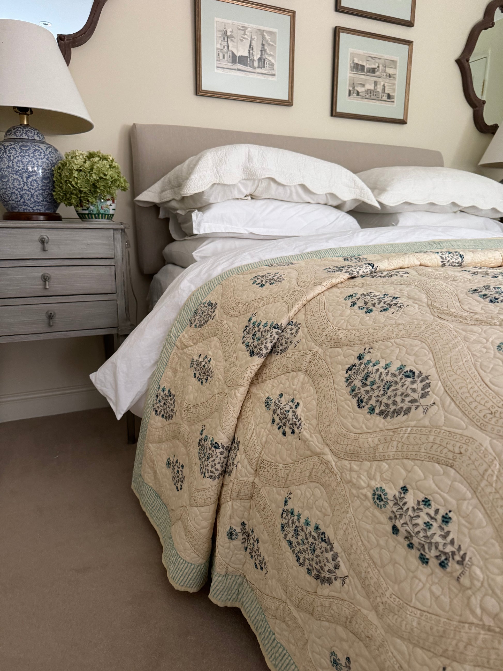 Hand block-printed king size bedspread in antiqued blue shrub print, 100% cotton