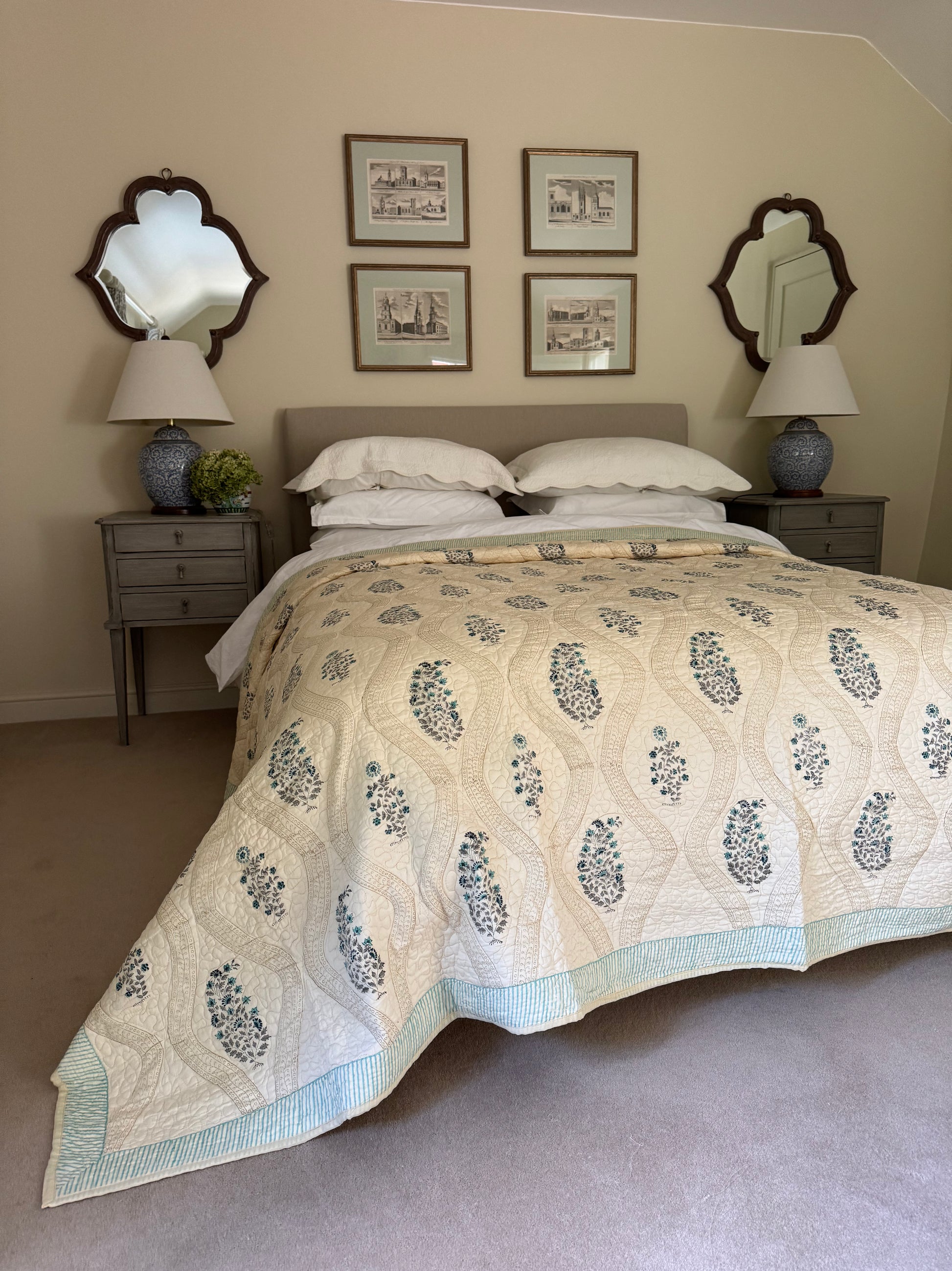 Hand block-printed king size bedspread in antiqued blue shrub print, 100% cotton