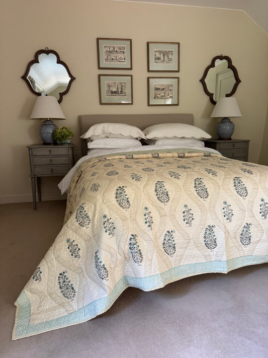 Hand block-printed king size bedspread in antiqued blue shrub print, 100% cotton