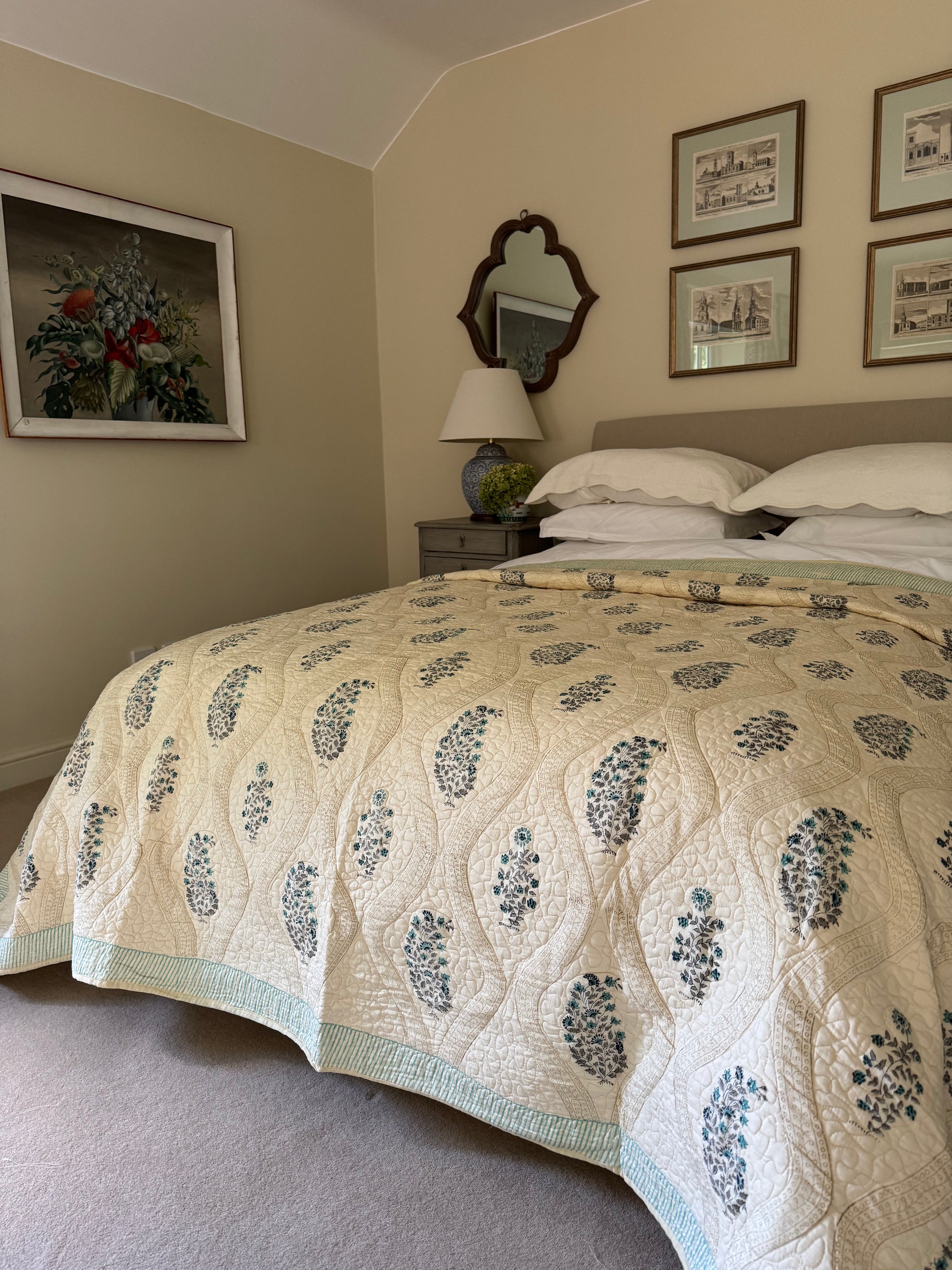 Hand block-printed king size bedspread in antiqued blue shrub print, 100% cotton