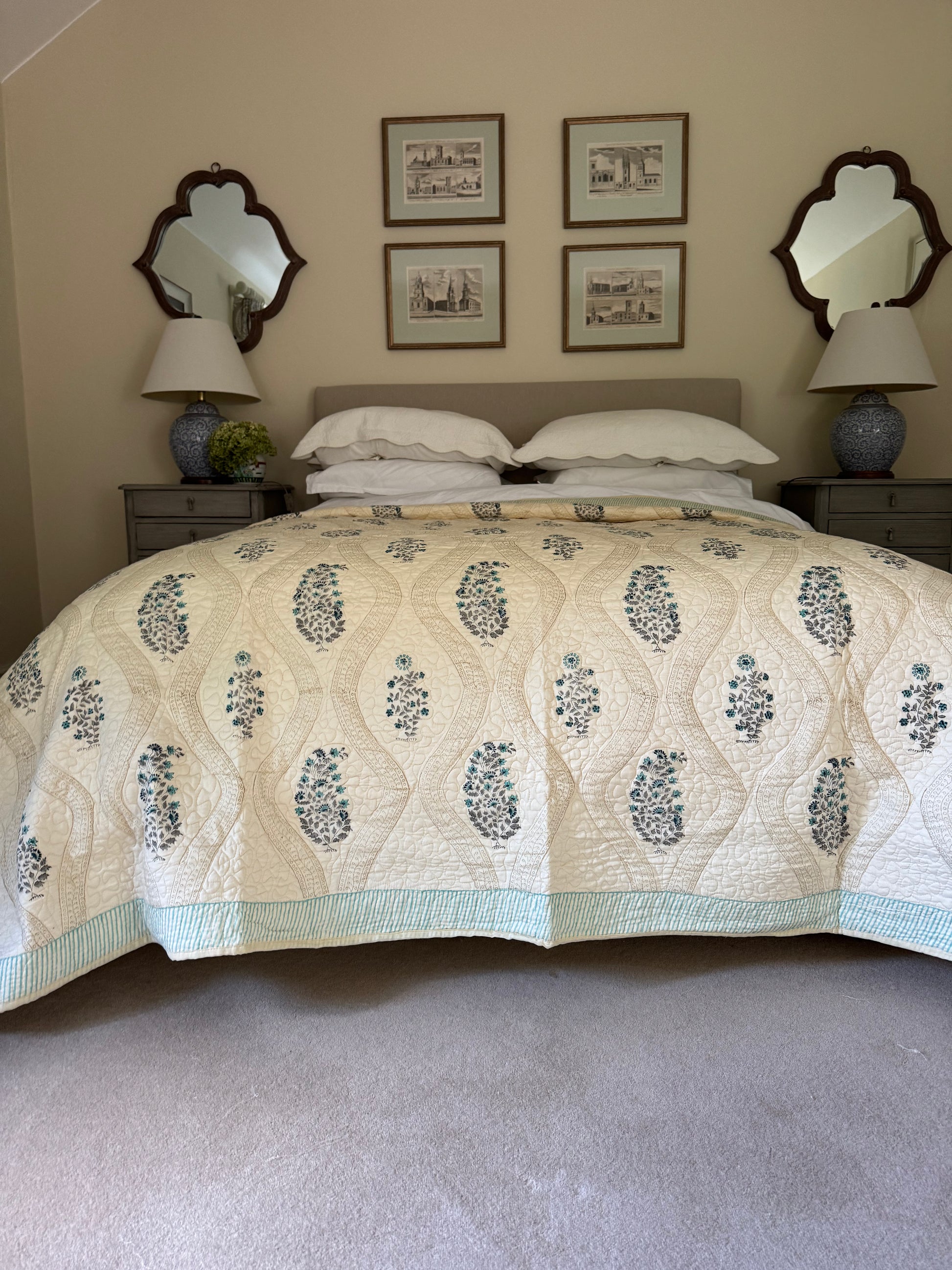 Hand block-printed king size bedspread in antiqued blue shrub print, 100% cotton