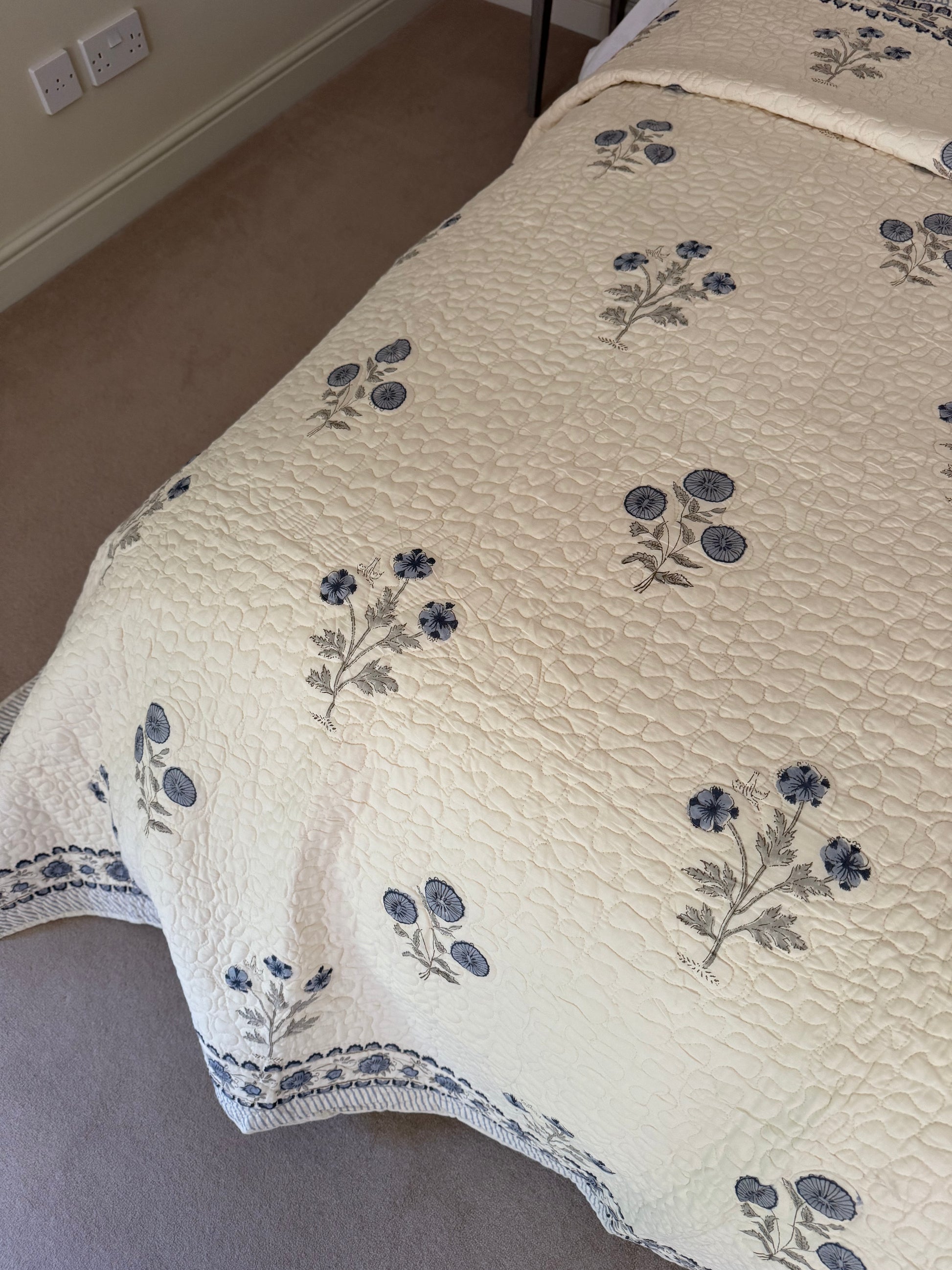Hand block-printed king size bedspread in antiqued blue shrubs print, 100% cotton