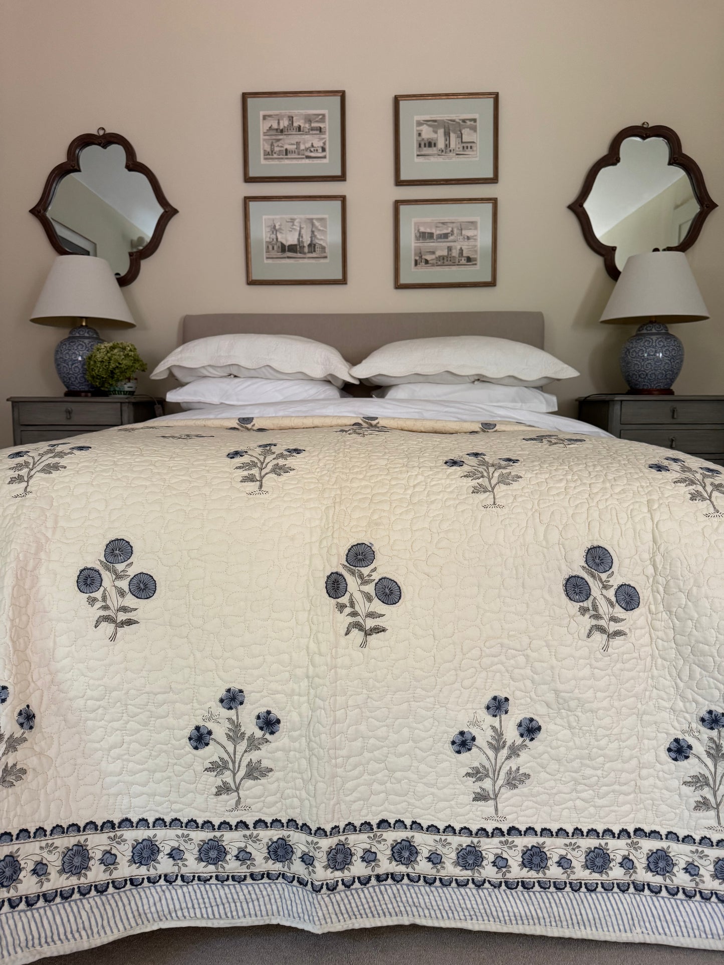 Hand block-printed king size bedspread in antiqued blue shrubs print, 100% cotton
