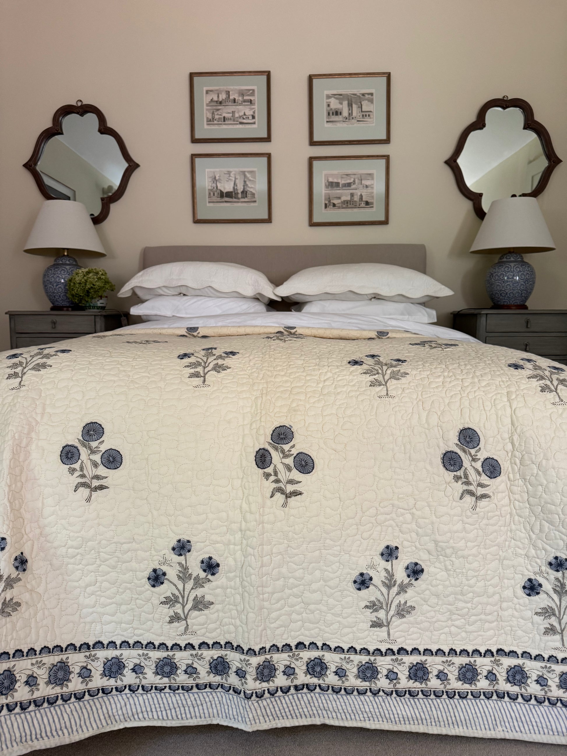Hand block-printed king size bedspread in antiqued blue shrubs print, 100% cotton