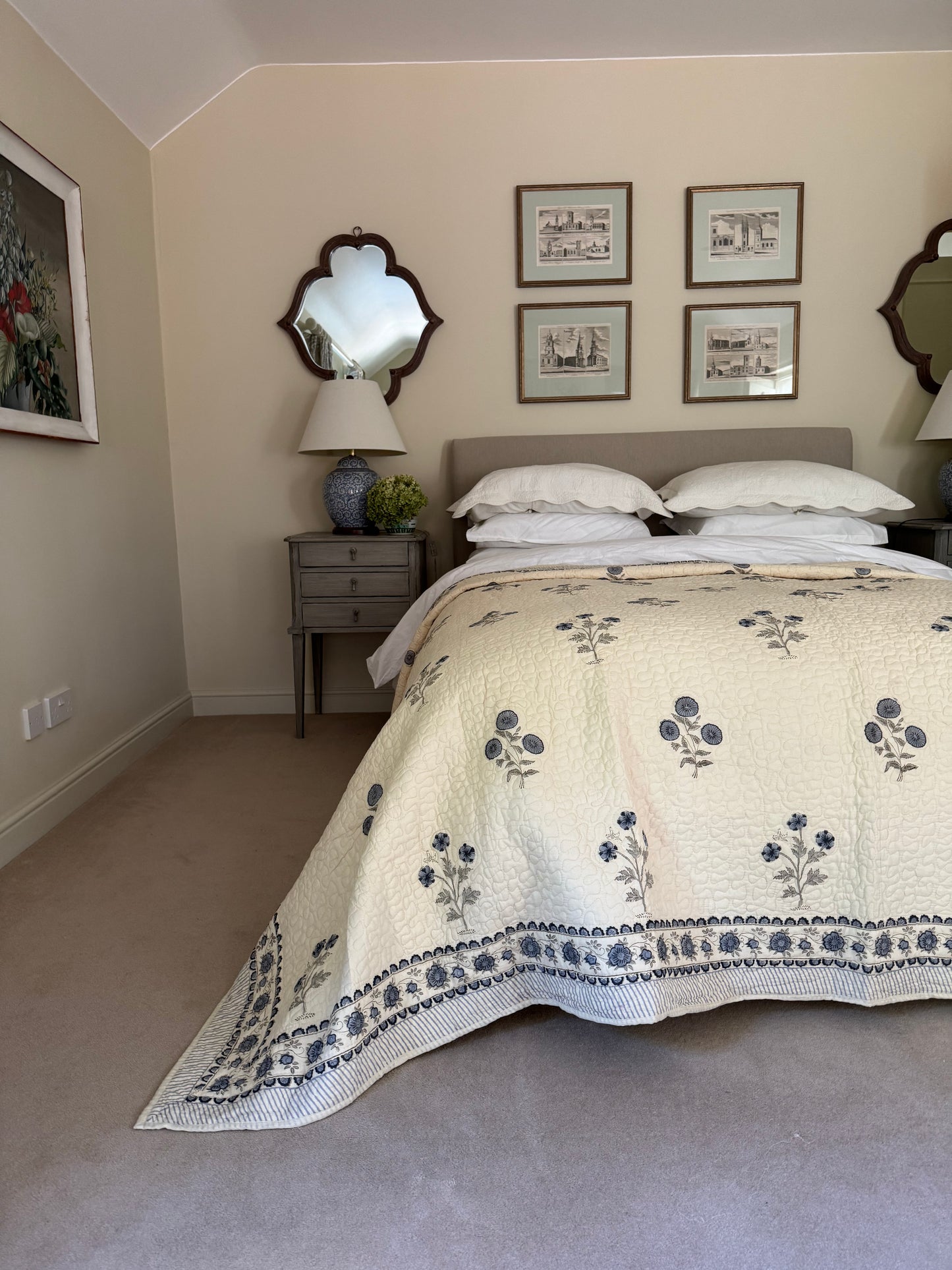 Hand block-printed king size bedspread in antiqued blue shrubs print, 100% cotton