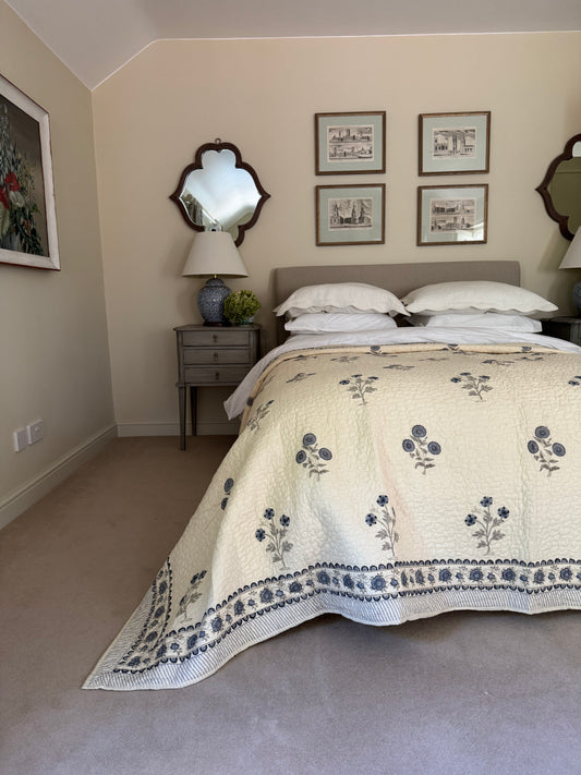 Hand block-printed king size bedspread in antiqued blue shrubs print, 100% cotton