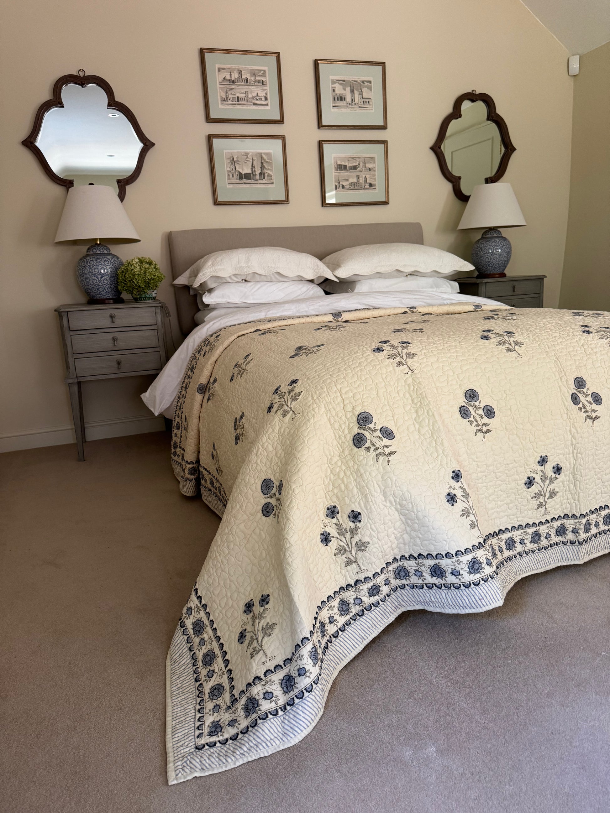 Hand block-printed king size bedspread in antiqued blue shrubs print, 100% cotton