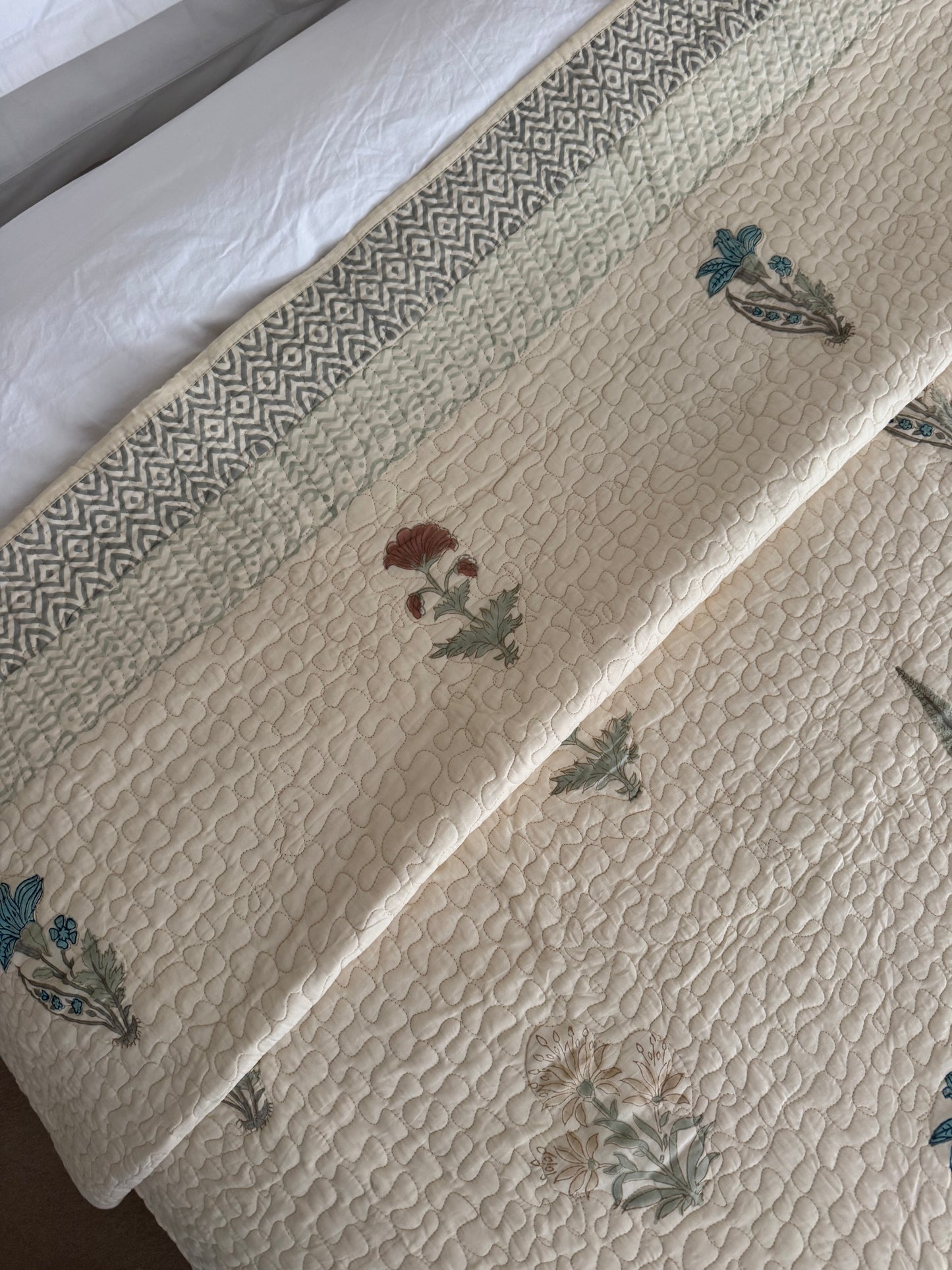 Hand block-printed king size bedspread in antiqued cypress print, 100% cotton