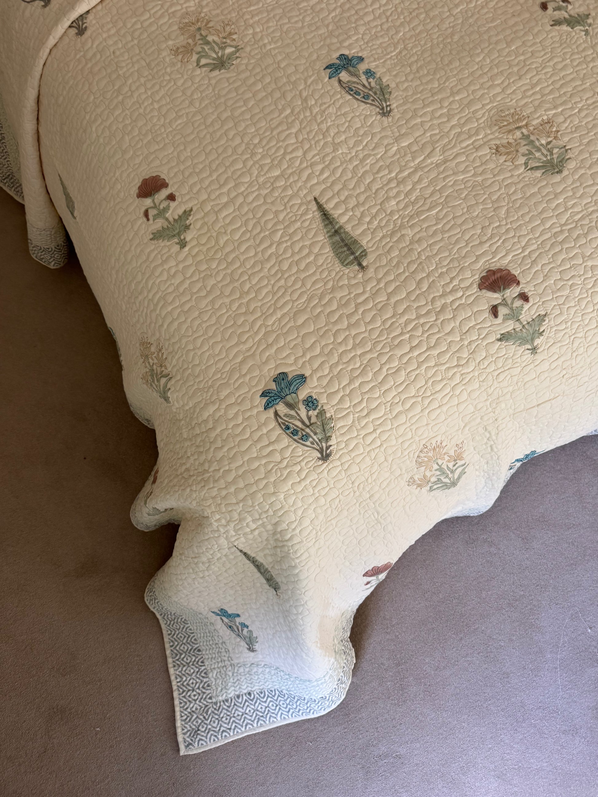 Hand block-printed king size bedspread in antiqued cypress print, 100% cotton