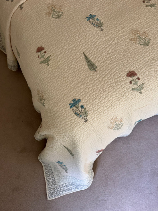 Hand block-printed king size bedspread in antiqued cypress print, 100% cotton