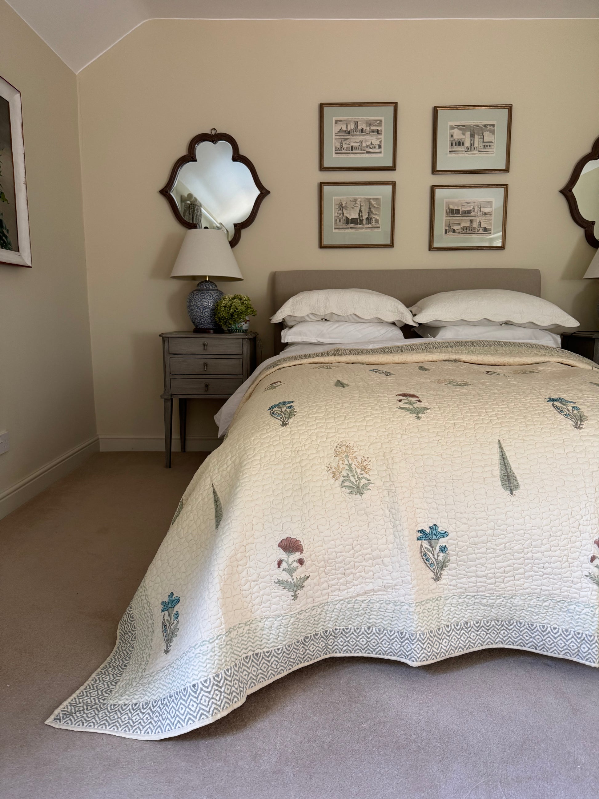 Hand block-printed king size bedspread in antiqued cypress print, 100% cotton