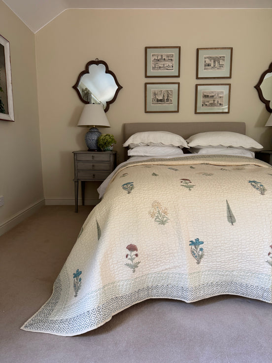 Hand block-printed king size bedspread in antiqued cypress print, 100% cotton