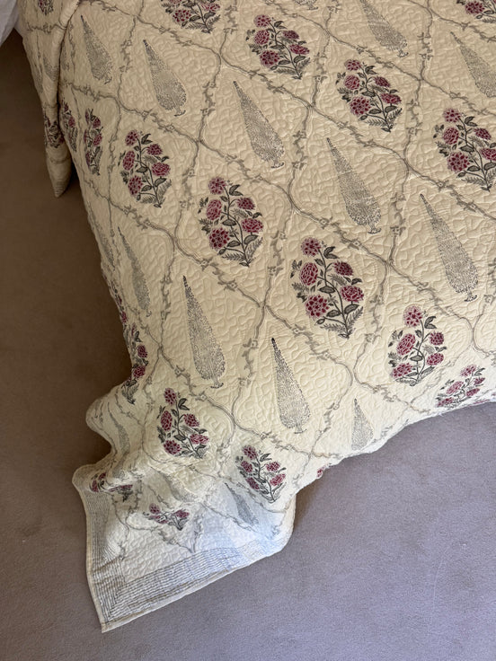 Hand block-printed king size bedspread in antiqued cypress & shrub print, 100% cotton