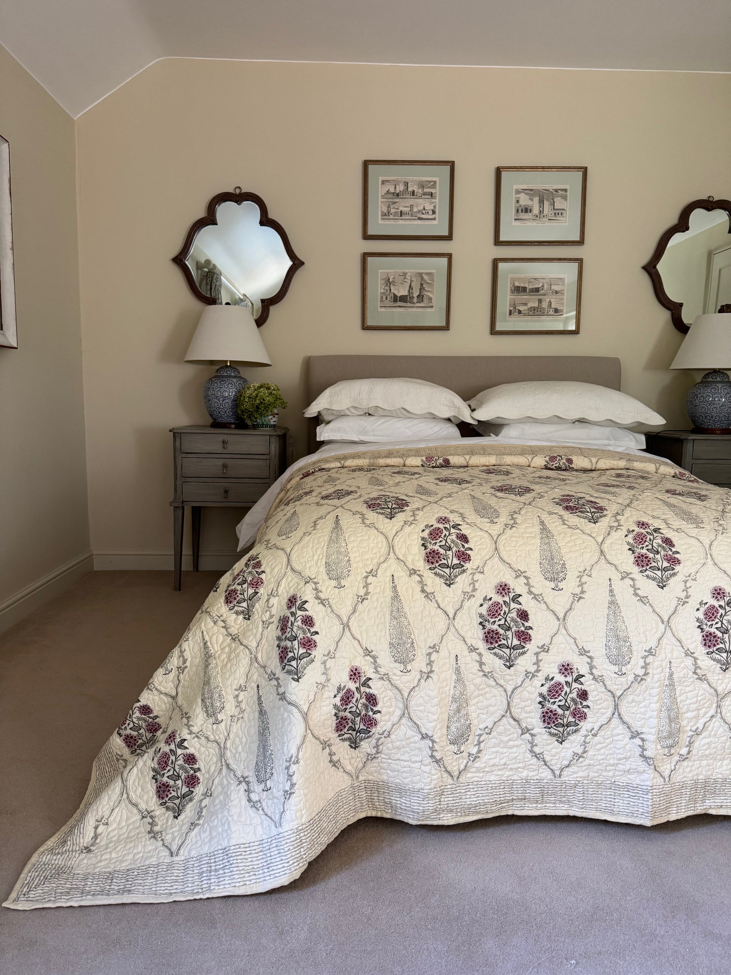 Hand block-printed king size bedspread in antiqued cypress & shrub print, 100% cotton