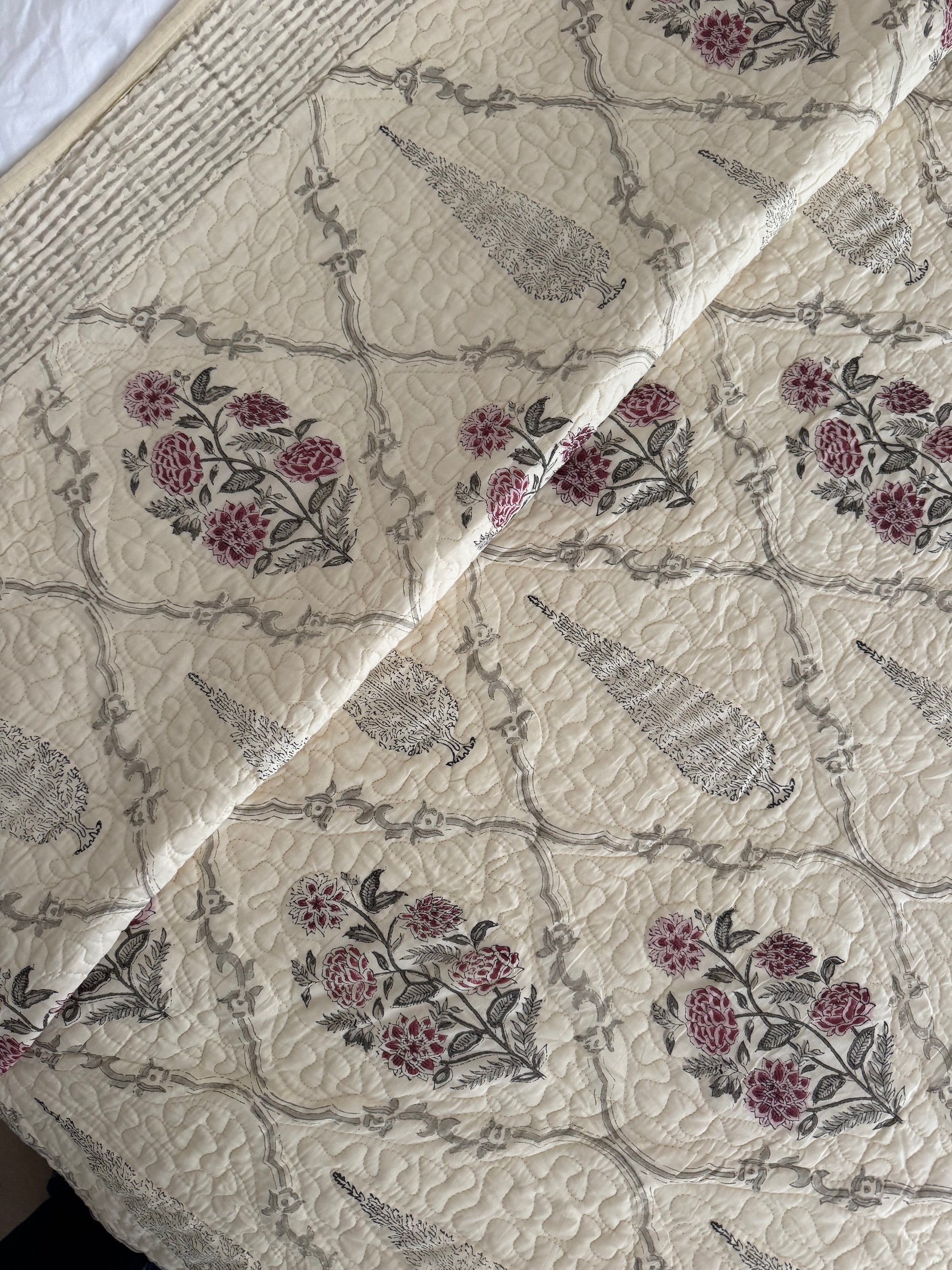 Hand block-printed king size bedspread in antiqued cypress & shrub print, 100% cotton